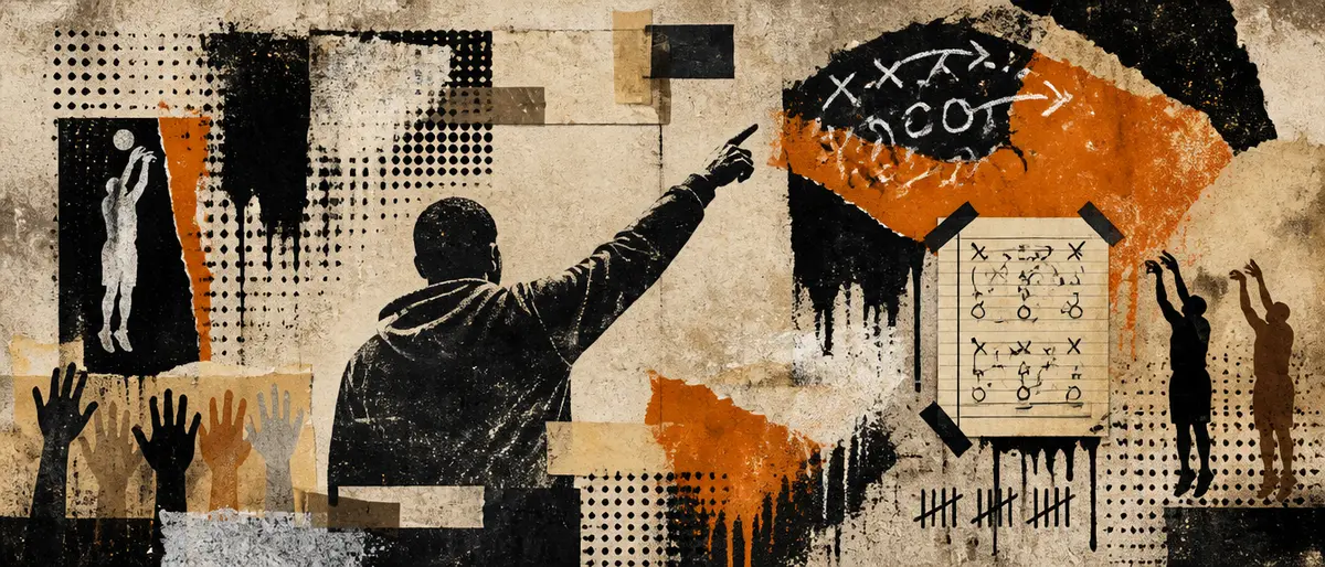 Abstract graffiti wall of basketball coaching marks, X-and-O arrows, stencilled gestures, and tally marks