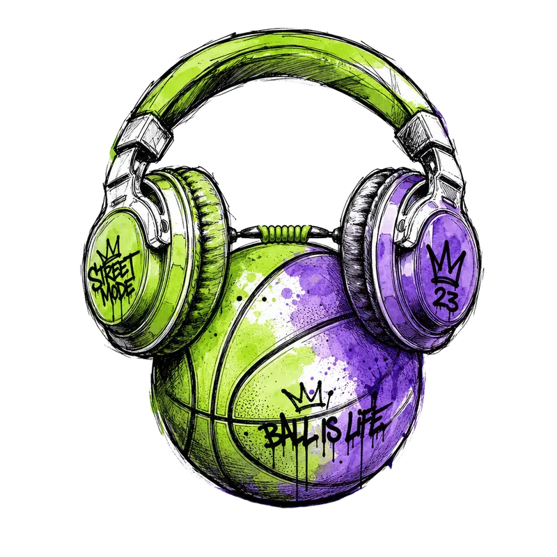 Over-ear headphones on a basketball, graffiti sketch
