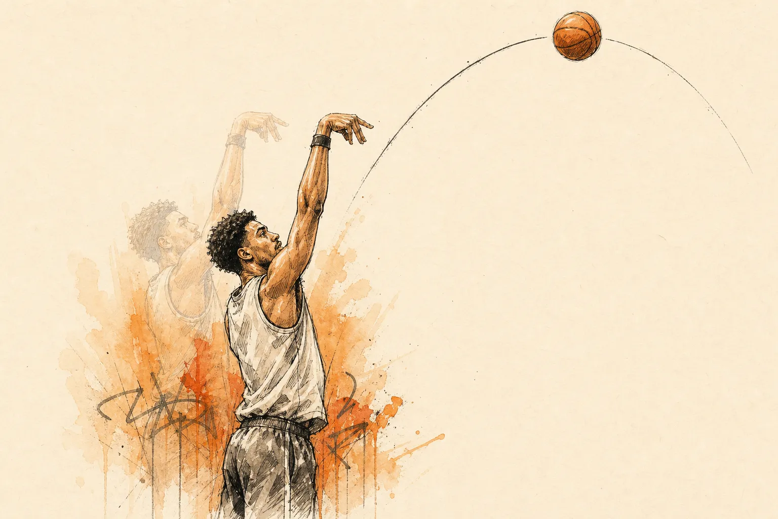 Hand-drawn sketch of a shooter at release — your form, your shot